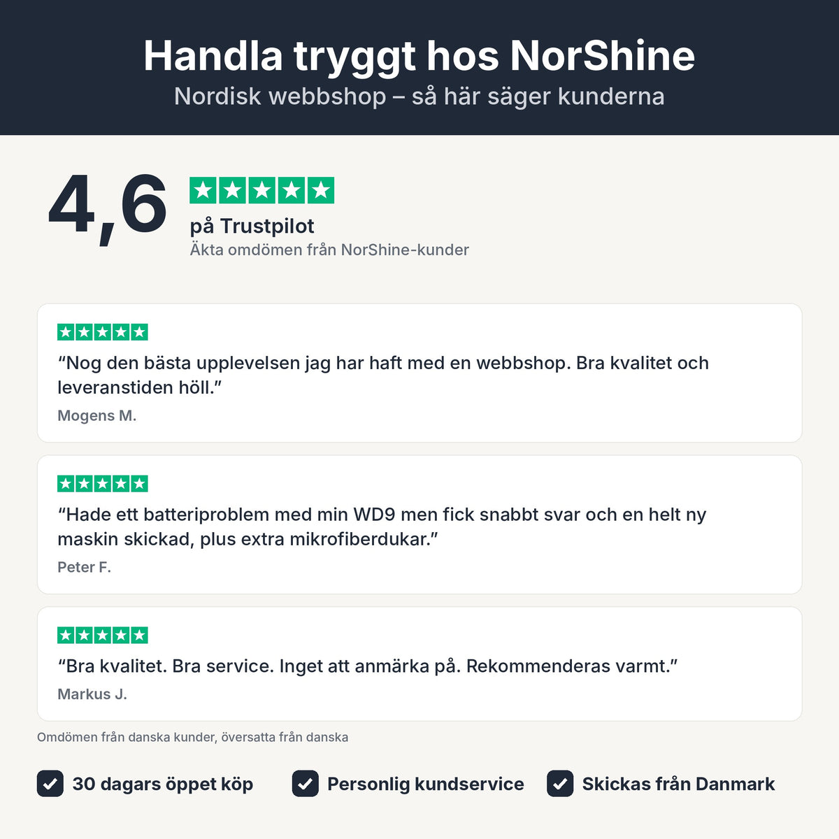 SV – Handla tryggt hos NorShine – 4,6 på Trustpilot