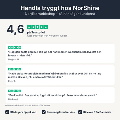 SV – Handla tryggt hos NorShine – 4,6 på Trustpilot