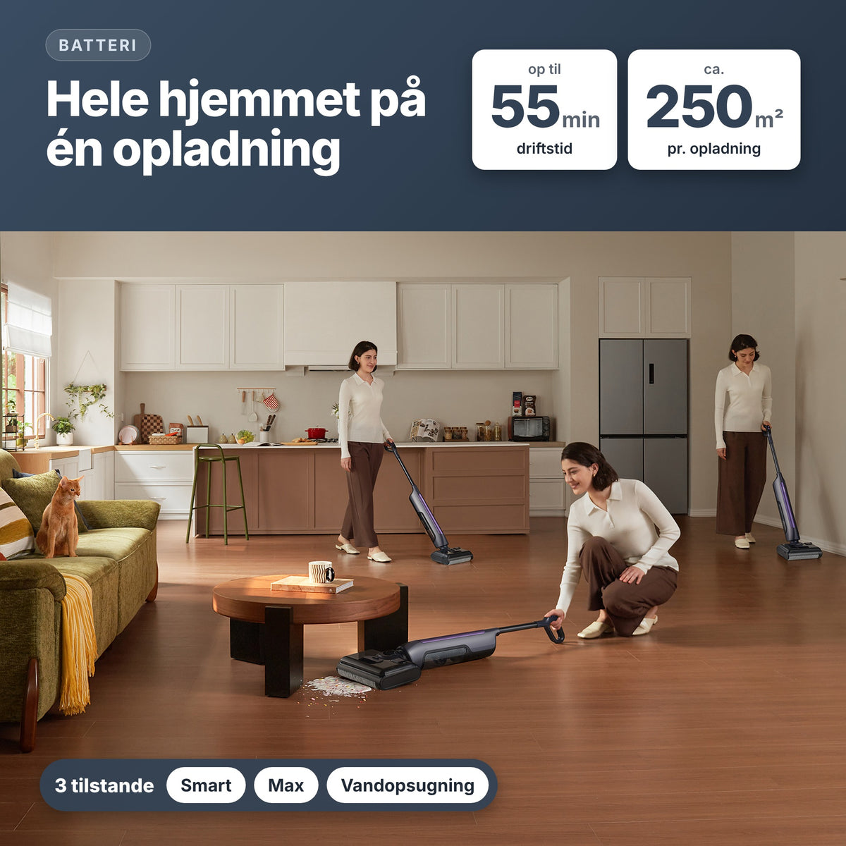DA – AquaCore 1 op til 55 min og ca. 250 m² pr. opladning